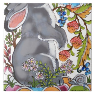 Cute Rabbit Mural Floral White Bkgrd Bottom Half Tegeltje