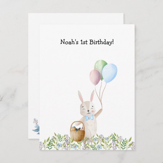 Cute Rabbit On A Picnic With Balloons Invitation (Devant / Derrière)