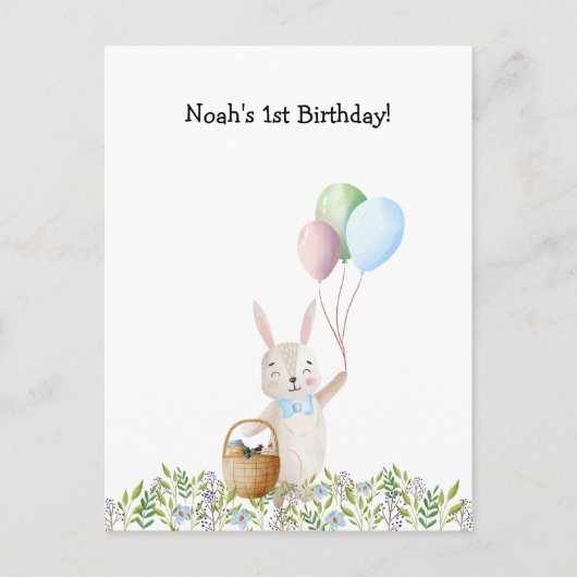Cute Rabbit On A Picnic With Balloons Invitation (Devant)