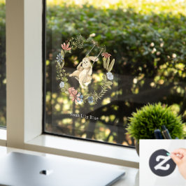 Cute Rabbit On A Swing Floral Wreath Name Sticker