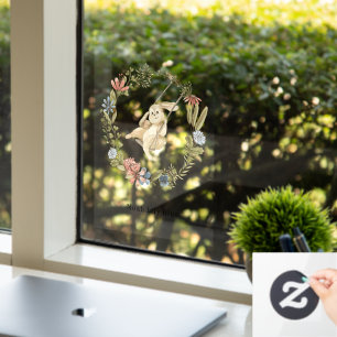 Cute Rabbit On A Swing Floral Wreath Name Sticker