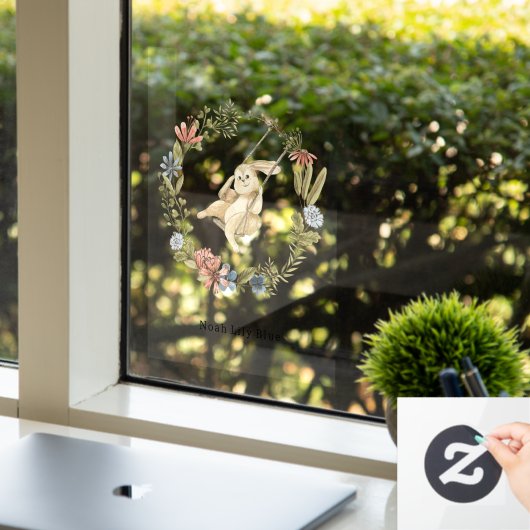 Cute Rabbit On A Swing Floral Wreath Name Sticker (Kantoor)