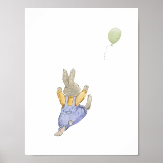 Cute Rabbit With Green Balloon Nursery Poster (Voorkant)