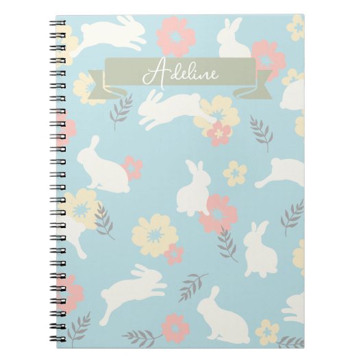 Cute Rabbits Flowers Pattern Notitieboek (Voorkant)