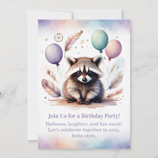 Cute Raccoon Birthday Invitation Woodland Boho  (Devant)