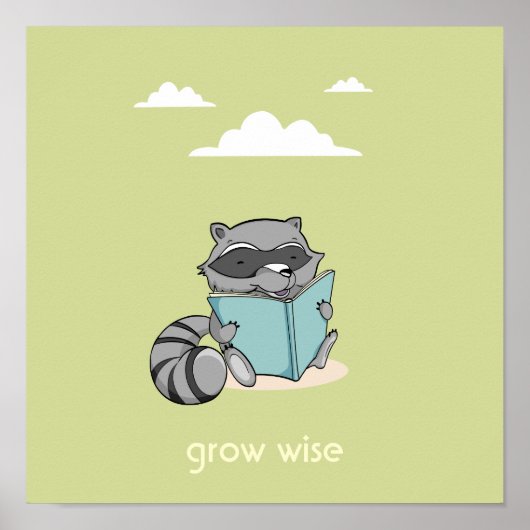 Cute raccoon die een boekkamer groen poster leest (Voorkant)
