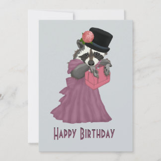 Cute Raccoon Girl in een roze jurk Feestdagenkaart