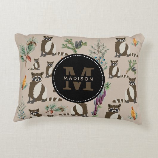 Cute Raccoon in Pine Forest Pattern Monogram Accent Kussen (Achterkant)