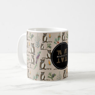 Cute Raccoon in Pine Forest Pattern Monogram Koffiemok