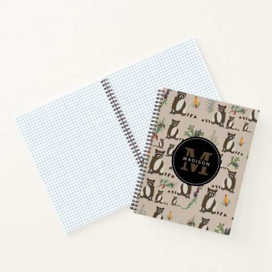 Cute Raccoon in Pine Forest Pattern Monogram Notitieboek (Binnen)