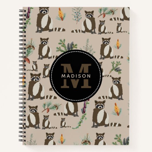 Cute Raccoon in Pine Forest Pattern Monogram Notitieboek (Voorkant)