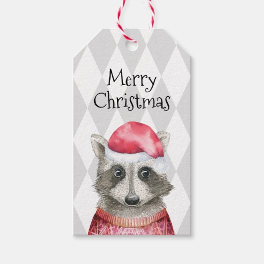 Cute Raccoon in Santa Hat Kerstfeestdag Cadeaulabel (Voorkant)