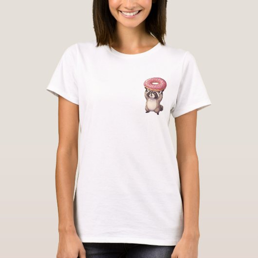 Cute Raccoon Lifting Giant Pink Glazed Donut T-shirt (Voorkant)