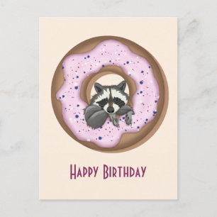 Cute Raccoon met Sweet Donut Happy Birthday Roze Briefkaart