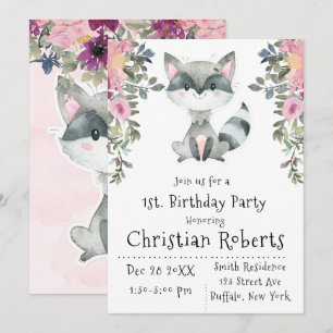 Cute Raccoon Peony Birthday Party Kaart