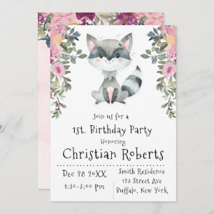 Cute Raccoon Peony Invitations de fête d'anniversa