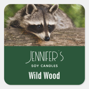 Cute Raccoon Resting on a Log Candle Business Vierkante Sticker