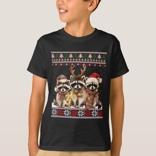 Cute Raccoon Santa Christmas Lights Ugly Xmas Swea T-shirt (Voorkant)