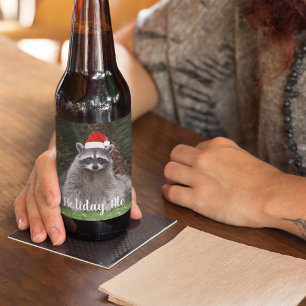 Cute Raccoon Wearing Santa Hat Holiday Bier Etiket