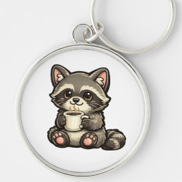 Cute Raccoon with Coffee – Cozy Kawaii Animal Sleutelhanger