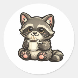 Cute Raccoon with Coffee – Kawaii Cozy Animal Ronde Sticker