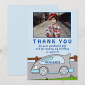 Cute Race Car Blue Anniversaire Merci Photo (Devant / Derrière)