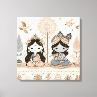Cute Radhe Krishna Mandala Wall Art | Spiritual Canvas Afdruk