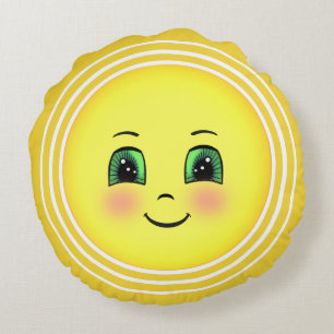 Cute Radiant Sun Happy Face Emoji Rond Kussen