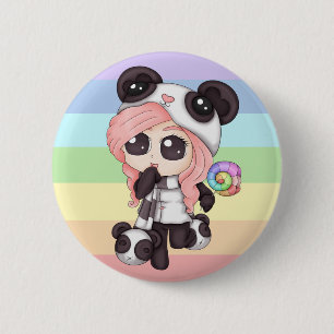 Cute Rainbow Anime Panda Girl Ronde Button 5,7 Cm