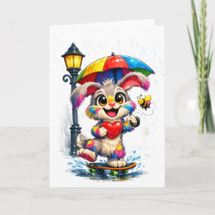 Cute Rainbow Bunny with Umbrella Design Kaart