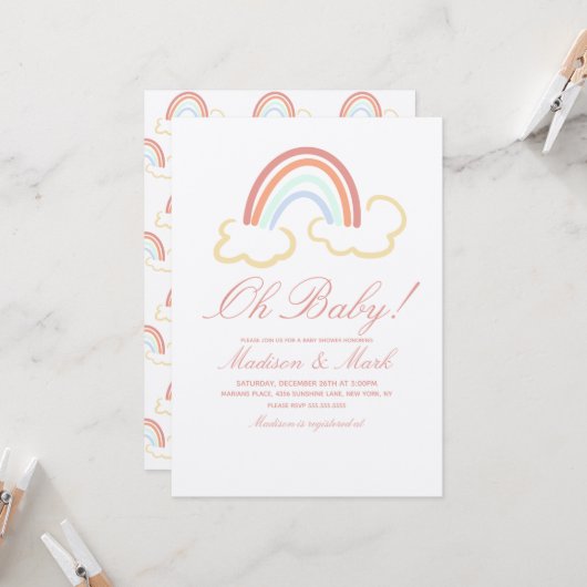 Cute Rainbow Cloud Doodle Baby shower Rustic Kaart (Voorkant / Achterkant in situ)