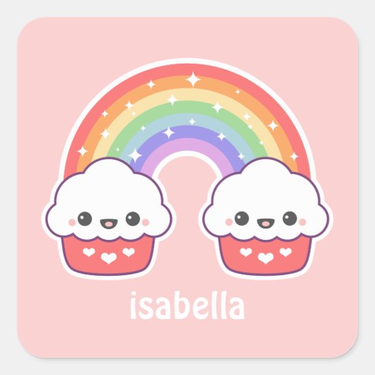 Cute Rainbow Cupcakes Vierkante Sticker (Voorkant)
