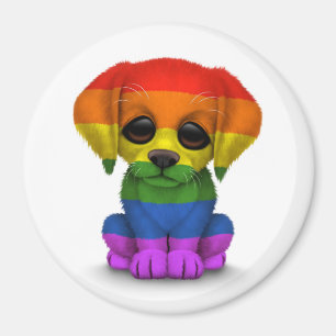 Cute Rainbow Gay Pride Puppy Dog, White Magneet