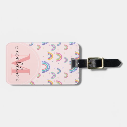 Cute Rainbow Heart Script Monogram Boho Pink Bagagelabel (Voorkant horizontaal)