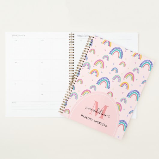 Cute Rainbow Heart Script Monogram Boho Pink Planner (Display)