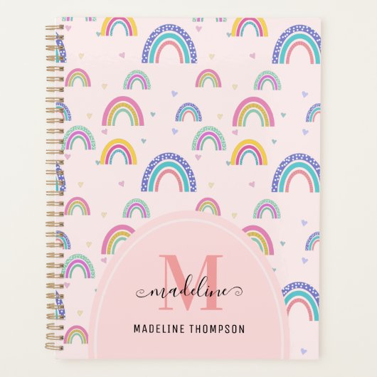 Cute Rainbow Heart Script Monogram Boho Pink Planner (Voorkant)