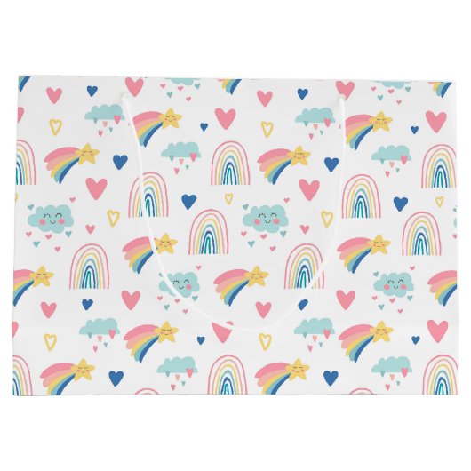 Cute Rainbow Hearts & Clouds Pattern Groot Cadeauzakje (Achterkant)