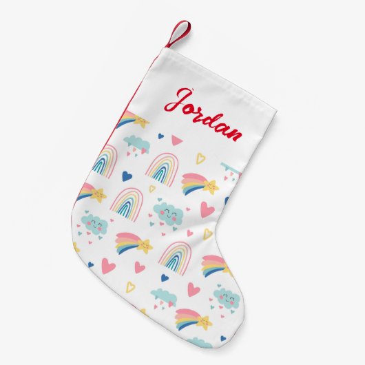 Cute Rainbow Hearts & Clouds Pattern Kleine Kerstsok (Voorkant (Hangend))