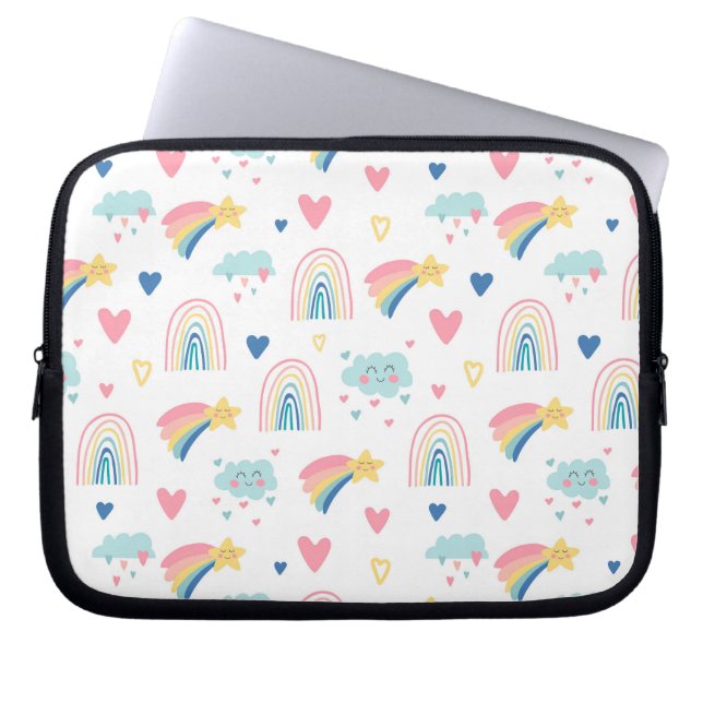 Cute Rainbow Hearts & Clouds Pattern Laptop Sleeve (Voorkant)