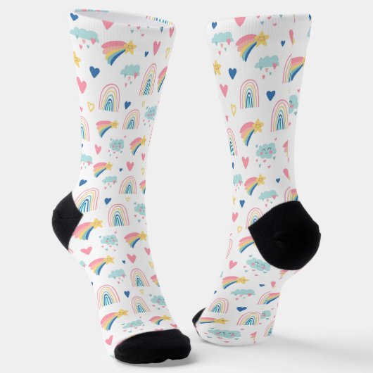 Cute Rainbow Hearts & Clouds Pattern Sokken (Gebogen)