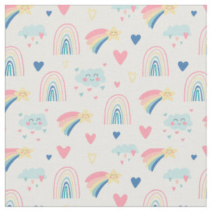 Cute Rainbow Hearts & Clouds Pattern Stof