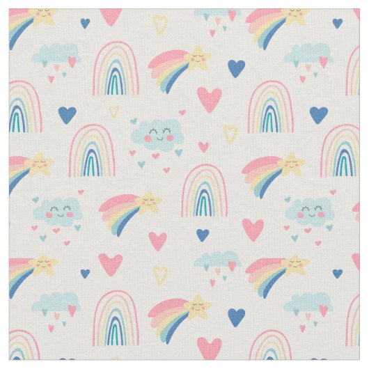 Cute Rainbow Hearts & Clouds Pattern Stof (Close Up)