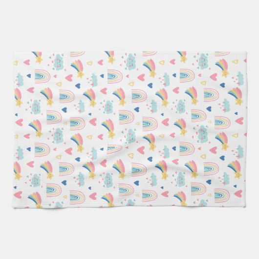 Cute Rainbow Hearts & Clouds Pattern Theedoek (Horizontaal)