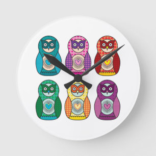 Cute Rainbow Matryoshka Owls Ronde Klok