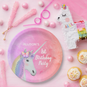 Cute Rainbow Unicorn 1st Birthday Waterverf Party Papieren Bordje