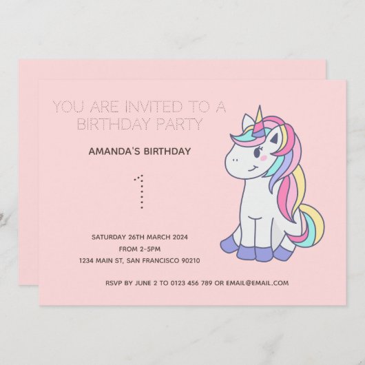 Cute Rainbow Unicorn Anniversaire Fête Invitation (Devant / Derrière)