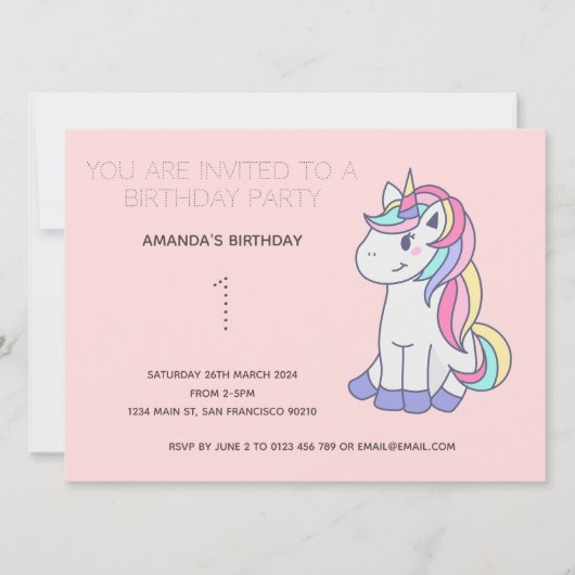 Cute Rainbow Unicorn Anniversaire Fête Invitation (Devant)