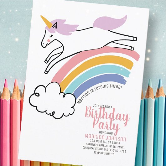 Cute Rainbow Unicorn Anniversaire Fête Invitation