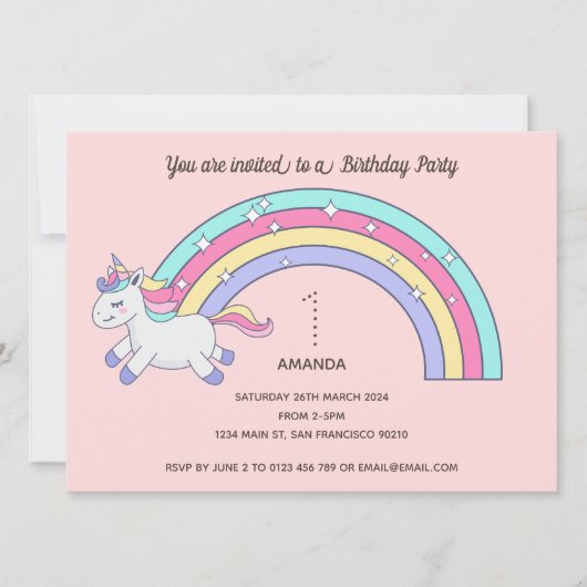Cute Rainbow Unicorn Anniversaire Fête Invitation (Devant)