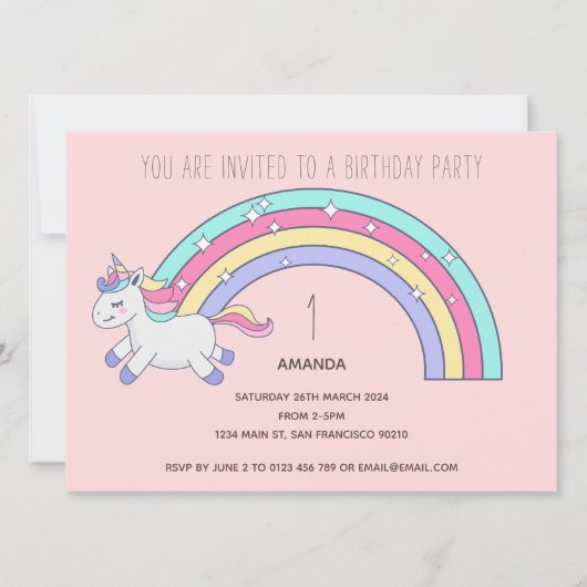 Cute Rainbow Unicorn Anniversaire Fête Invitation (Devant)
